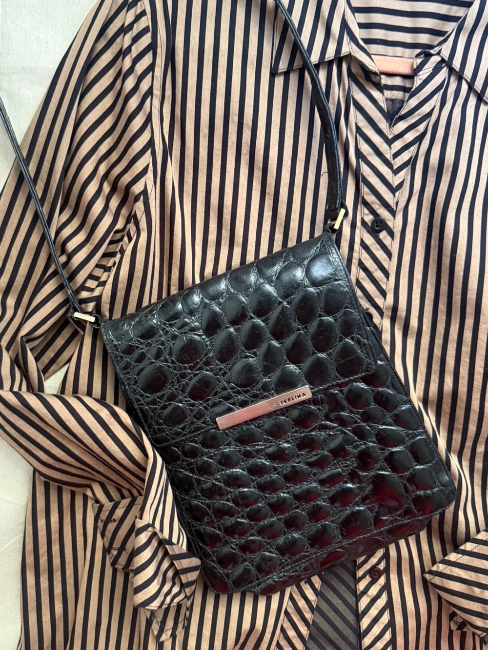 Vintage Perlina Black Croc  Mini Shoulder Bag Structured Minimalist Purse